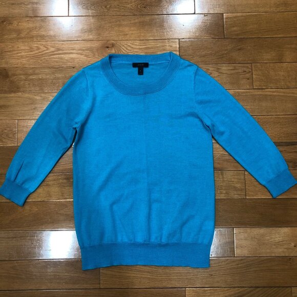 J Crew 100% Merino Wool Crewneck 3/4 Sleeve Blue Sweater Size S - Picture 3 of 9